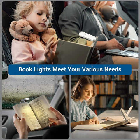Clip On Rechargeable Book Light For Late Night Reading With Amber And Warm White Glow in various reading scenarios