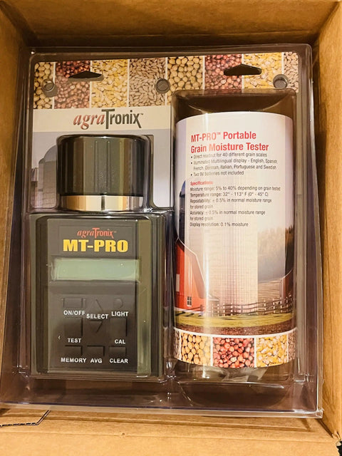 MT Pro Portable Grain Moisture Tester With Digital Meter Readout And Carrying Case Direct Readout For Forty Grain Scales Grab-and-Go Convenience Detects High Moisture Up To Forty Percent Illuminated Multilingual Display, boxed