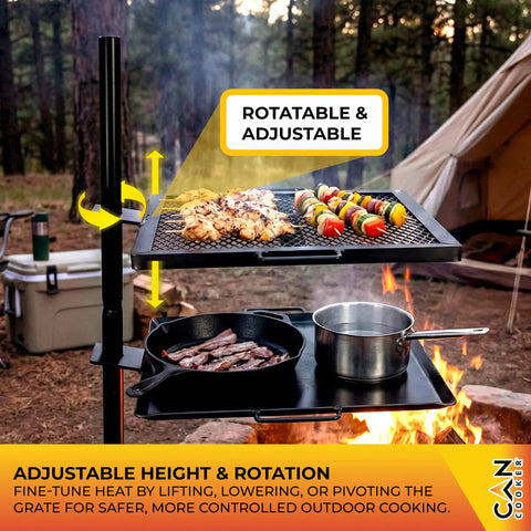 Open Flame Campfire Grill And Skillet Combo For Outdoor Cooking with adjustable height over campfire