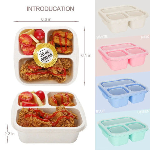 Kids Bento Box Set 4 Pack With 3 Compartments For Meal Prep, Reusable Lunch Containers in multiple colors with food inside