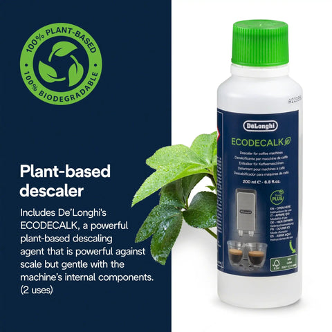 Must Have Essential Coffee Machine Maintenance Kit With BPA Free Water Filter Ion Exchange Tech Activated Carbon Plant Based Descaler For Most Espresso Machines With Filters DLSC306 Black plant-based descaler bottle 200 ml with green cap