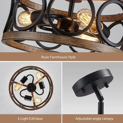 Black Drum Ceiling Light Modern Semi Flush Mount 3-Light Fixture showing details of rustic wood grain and E26 bulb base.
