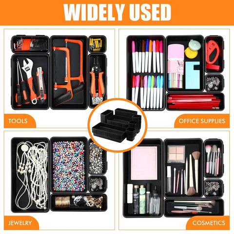100 Pack Toolbox Organizer Trays And Drawer Dividers Set In 5 Sizes For Garage Home And Office Storage Black Plastic Bins For Tools Hardware Craft Supplies And Small Parts Organization with various items.