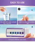 Hard Water Test Kit 0 To 425 PPM Strips showing usage steps with glass, strip, and color chart
