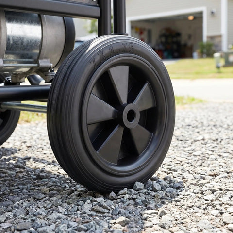 Heavy Duty 7 Inch Solid Tire For Generator And Welder Flat Free Rubber Wheel with anti slip grip on gravel surface.