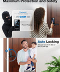 Smart Door Lock With Handle 6 Way Unlocking Fingerprint App Passcode Keyless Entry IC Card And Alexa Voice Control Electronic Deadbolt With Handle Gateway Included on wooden door with family and masked intruder illustration