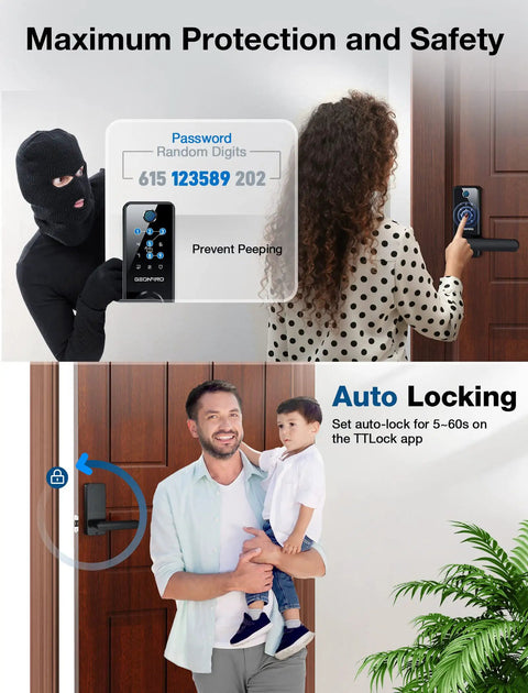 Smart Door Lock With Handle 6 Way Unlocking Fingerprint App Passcode Keyless Entry IC Card And Alexa Voice Control Electronic Deadbolt With Handle Gateway Included on wooden door with family and masked intruder illustration