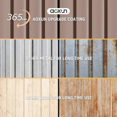 Comparison of Aoxun upgrade coating on metal with other materials for 8x6 ft outdoor metal storage shed with galvanized steel construction.