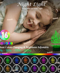 Lit Ramadan Illusion Night Light 3D Look With 16 Color Change LEDs; child sleeping next to multicolor lamp, Eid Mubarak decor.