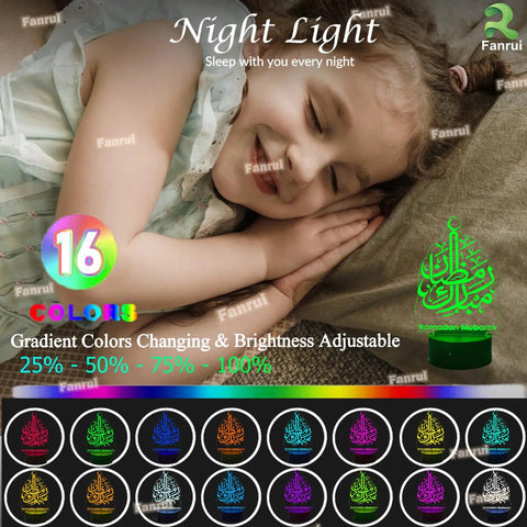 Lit Ramadan Illusion Night Light 3D Look With 16 Color Change LEDs; child sleeping next to multicolor lamp, Eid Mubarak decor.