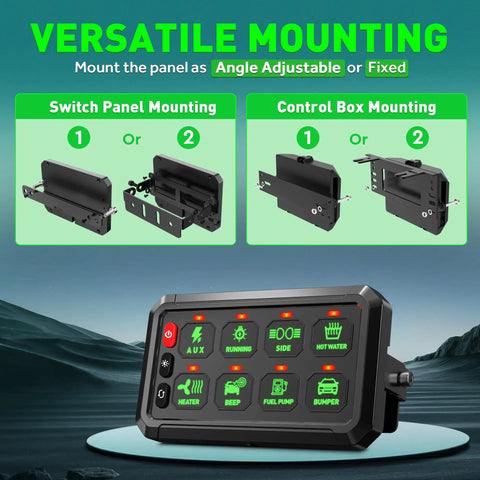 Versatile mounting options for Green 8 Gang Switch Panel With Momentary On Off Touch Switches, shown with brackets and panel