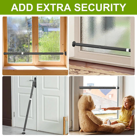 Secure Your Joint With This Badass Adjustable Sliding Glass Door Security Bar, Heavy Duty Patio Door Barricade And Door Jammer For Apartments, Two In One Design Works For Hinged And Sliding Doors, Easy Install Black Safety Guard in use on windows and doors.
