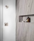 Brushed Nickel Six-Function 4.5-Inch Shower Head With 1.75 GPM Eco-Performance Spray, ADA Compliant installed in modern bathroom