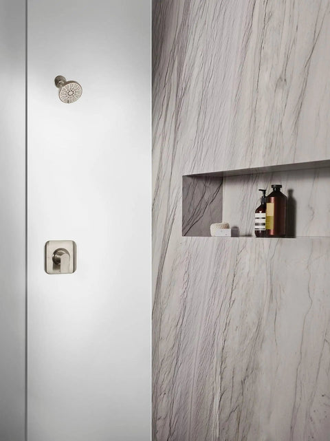 Brushed Nickel Six-Function 4.5-Inch Shower Head With 1.75 GPM Eco-Performance Spray, ADA Compliant installed in modern bathroom