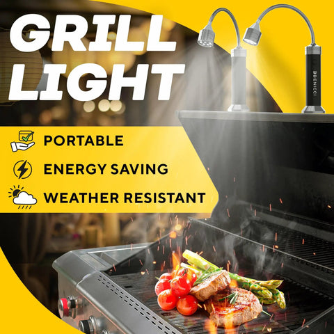 Set of 2 Flexible LED BBQ Grill Lights With 360-Degree Magnetic Base and Gooseneck, Portable Weatherproof Outdoor Lamp shown on grill