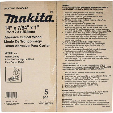 Makita packaging for 14 Inch Ferrous Metal Cut Off Wheel, 7/64 Inch Thick, 1 Inch Arbor, Pro Grade, 5 Pack with instructions