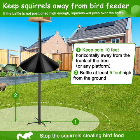 Squirrel Proof Baffle For Bird Feeder Pole Mount Outdoor Guard Stopper Black 16 Inch installed in a garden on a pole.