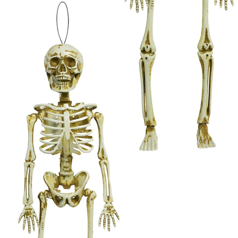 Spooky White Plastic Hanging Skeleton Fifteen Point Five Inch For Halloween Decor Realistic Decayed Bones And Creepy Grin Durable Material