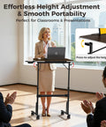 Adjustable Sit Stand Rolling Desk Built Tough With Slick Gliding Wheels And Multi Level Height Tuning For A Smooth Flex Workspace Anywhere, demonstrated during a presentation.