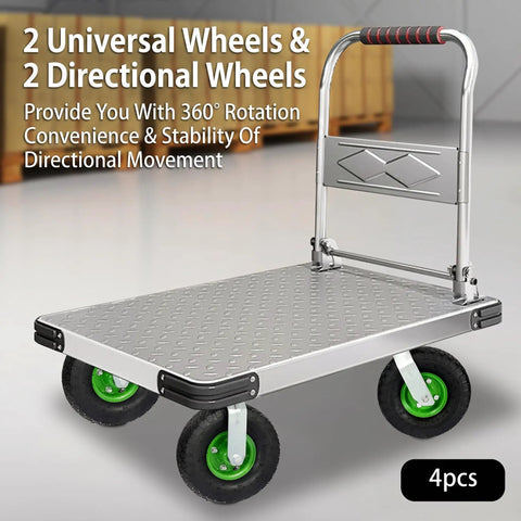 Heavy Duty 10 Inch Pneumatic Swivel Caster Wheels With Roll Lock Brakes Set Of 4 solid cart with 2 universal and 2 directional wheels.