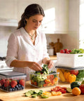 Woman using Five Pack Fridge Storage Containers With Removable Colanders, Leakproof Lids, And Clear Lids, storing fresh produce