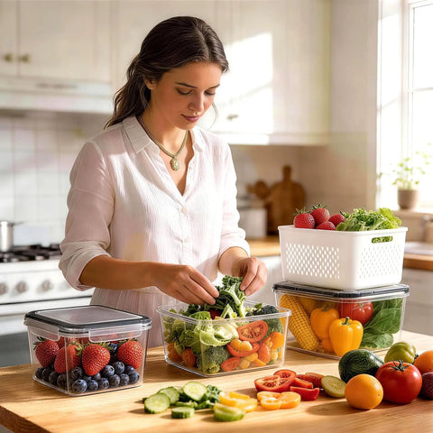 Woman using Five Pack Fridge Storage Containers With Removable Colanders, Leakproof Lids, And Clear Lids, storing fresh produce