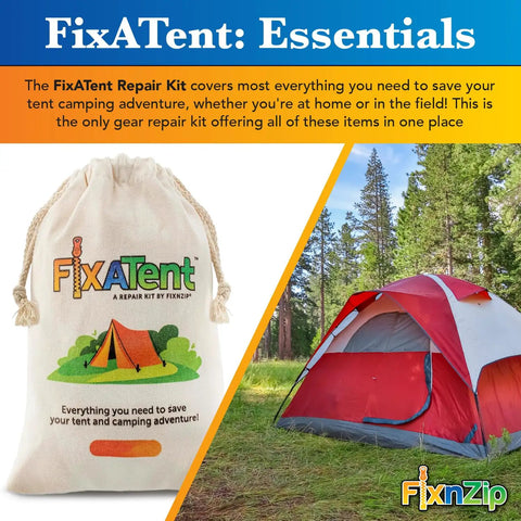 All In One Tent Repair Kit For Camping With Zipper Slider Replacement, Pole Splints, Image of repair kit bag and tent in forest