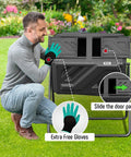 Man using 43 Gallon Outdoor Dual Chamber Compost Bin With Fast Assembly Tumbler For Quick Kitchen And Garden Waste Recycling Gloves Included Weatherproof Black Easy Box To Compost In Minutes.