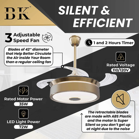 Dope Retractable 42 Inch Ceiling Fan With Remote Control Bluetooth Speaker and LED Lights, Gold Aluminum Design