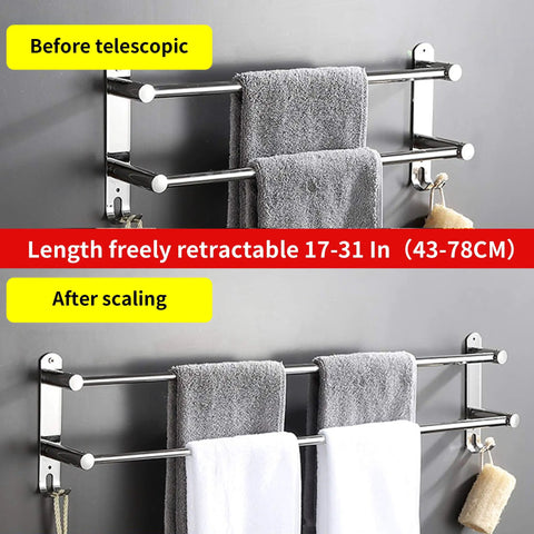 Freely Retractable Stainless Steel 304 Towel Rack Two Layer 20 To 30 Inch demonstrating length extension on wall.