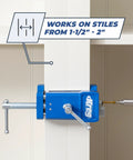 Professional Cabinet Face Frame Installation Clamp And Woodworking Clamp Set Of Two With Dead On Precision Alignment Totally Legit Aluminum Build, blue clamp shown on a cabinet stile.