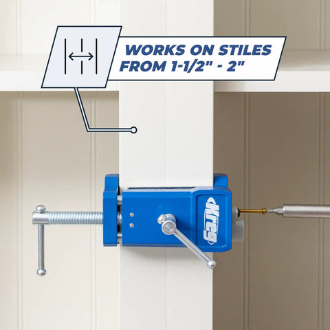 Professional Cabinet Face Frame Installation Clamp And Woodworking Clamp Set Of Two With Dead On Precision Alignment Totally Legit Aluminum Build, blue clamp shown on a cabinet stile.