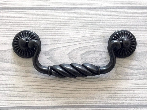 Vintage Black Bail Drawer Pull Four And A Quarter Inch Centers Drop Swing Dresser Cabinet Hardware Old School Retro Look