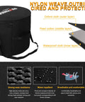 Ultra Heavy Duty 5 Piece Padded Drum Bag Set With Tough Durable Nylon Travel Cases For Kick Floor Tom Snare Rig Gear Haul Slick Gig Ready Road Trip Cover showing waterproof and breathable layers.