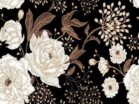 Floral Wall Mural Peonies And Roses In Gold White Vintage Look Seamless Wallpaper 5-Piece Set For Living Room Bedroom Kids Room