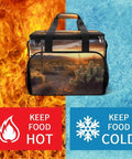 Desert Sunset Cactus Cooler Bag Insulated Lunch Box For Men And Women with desert landscape, flames, and ice background.