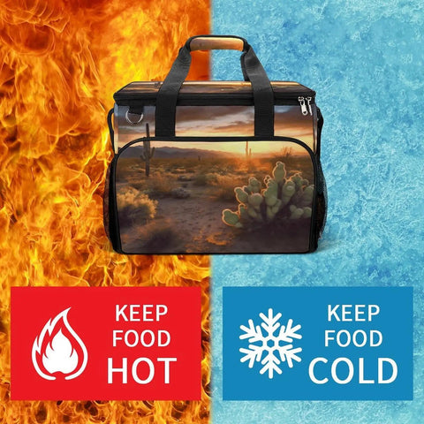 Desert Sunset Cactus Cooler Bag Insulated Lunch Box For Men And Women with desert landscape, flames, and ice background.