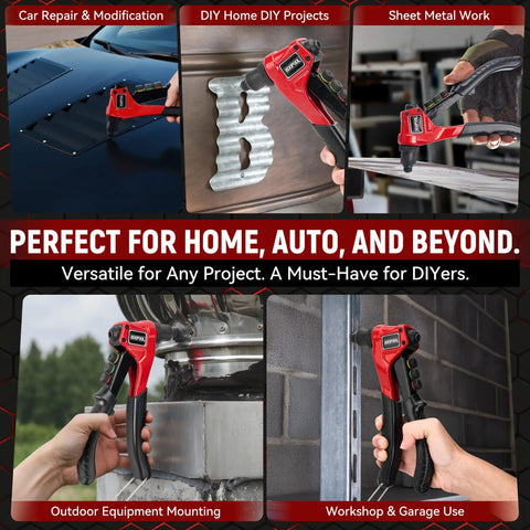 Adjustable Stroke Rivet Gun Kit used in various metal and auto repair projects, showcasing versatility and heavy duty design.