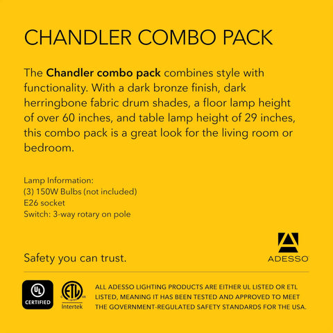 Product description for Chandler Combo Pack lamp set with dark bronze finish and herringbone shades, suitable for living room or bedroom.