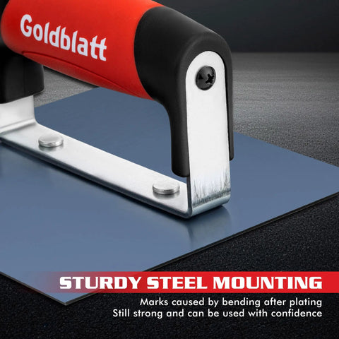 Close-up of Pro Grade Blue Steel Concrete Edger 6x6 Inch With Soft Grip Handle, showcasing sturdy steel mounting features.