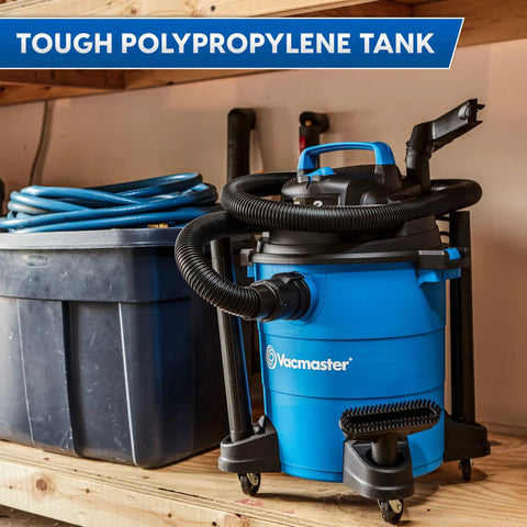 5 Gallon Wet And Dry Shop Vacuum With 3 Peak HP 65 CFM 16 Foot Reach Includes 8 Accessories With Cartridge Dry Filter And Foam Wet Filter VOC507PF in garage