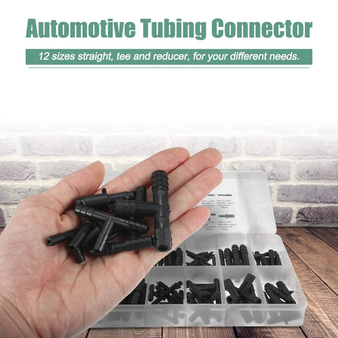 Awesome X Autohaux 113 Piece Car Vacuum Connector Set With All Sizes Of Barbed Hose Fittings, Tees, Reducers And Straight Connectors To Fix Your Automotive Piping Quick For Any Under Hood Repair Job black nylon connectors in hand and organizer