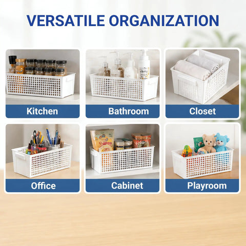 Top Shelf White Plastic Storage Baskets Real Deal Solution For Counters And Under Cabinet Organization With Ventilated Side Walls Comfortable Grip Handles And Effortless Nesting Layout in kitchen, bathroom, closet, office, cabinet, and playroom.