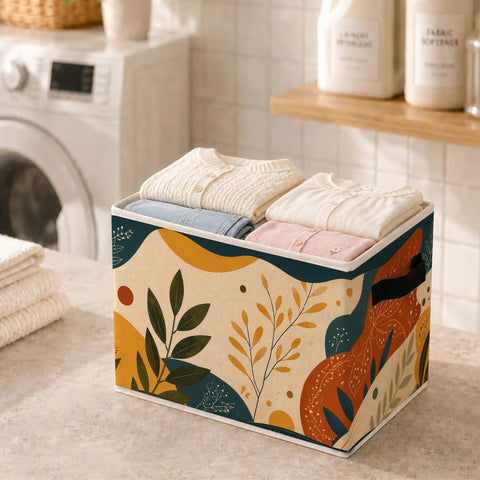 Boho Abstract Botanical Foldable Storage Bins for Home Organization Collapsible Fabric Cubes holding folded clothes on a countertop.