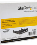 Solid Steel 3.5 To 5.25 Inch Front Bay Mounting Bracket Pack Of 2 Black Drive Cage Adapter With Screws in packaging.