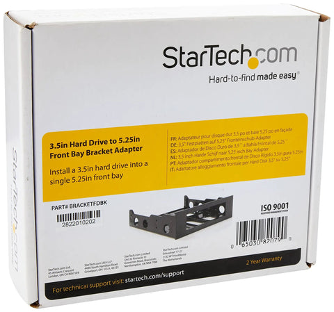 Solid Steel 3.5 To 5.25 Inch Front Bay Mounting Bracket Pack Of 2 Black Drive Cage Adapter With Screws in packaging.