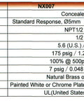 Image of technical specifications for Reliable Concealed Pendent Fire Sprinkler Head Half Inch Npt Rated One Fifty Five F.