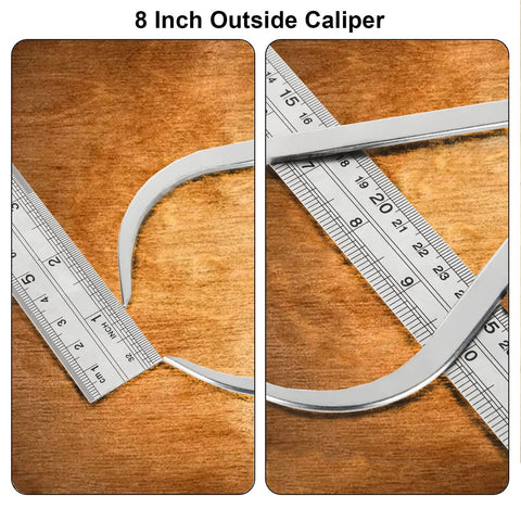Acrux7 3-piece 8-inch outside caliper set in carbon steel; front and side views.