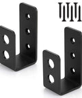 Two black powder-coated 3.5mm steel U brackets with screws for door security, labeled Beefed Up Door Barricade Brackets For 2x4 Lumber