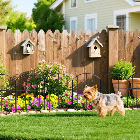 Decorative Garden Fence For Yard And Patio, Rustproof Black Metal Barrier Panels with flowers and small dog in yard